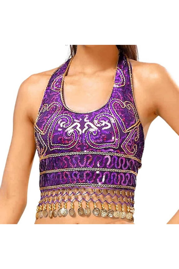 Women's Tank Top Camisole Sequin Crop Belly Dance Bra Talter Costume Sequin Tassel Undershirt,Purple,One Size