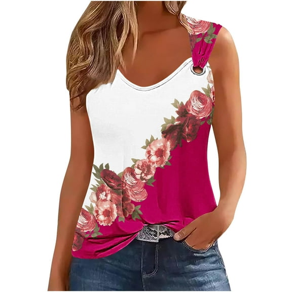 Women's Tank Top Casual V Neck Cotton Camisole Floral Printing Wide Straps Sleeveless T-Shirts Blouses Women Loose Summer Vests Tops