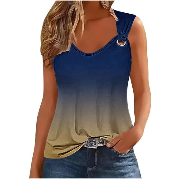 Women's Tank Top Casual V Neck Cotton Camisole Gradient Color Printing Wide Straps Sleeveless T-Shirts Blouses Women Loose Summer Vests Tops