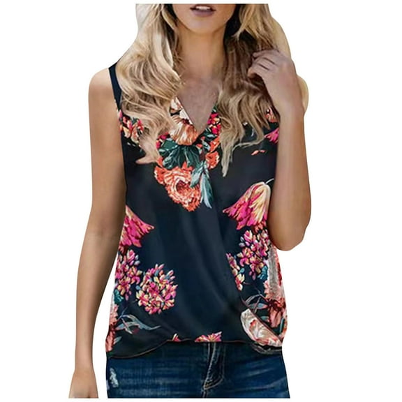 Women's Tank Top Summer Casual V Neck Top Floral Printing Wide Straps Sleeveless T-Shirts Blouses Loose Vests Pullover Top