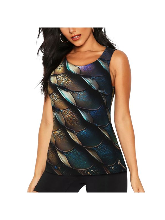Women's Tank Top Gym Workout Undershirt U-Neck Sleeveless Shirt, Dragon Scale Art