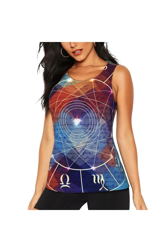 Women's Tank Top Gym Workout Undershirt U-Neck Sleeveless Shirt, Magic Circle With Zodiacs Sign