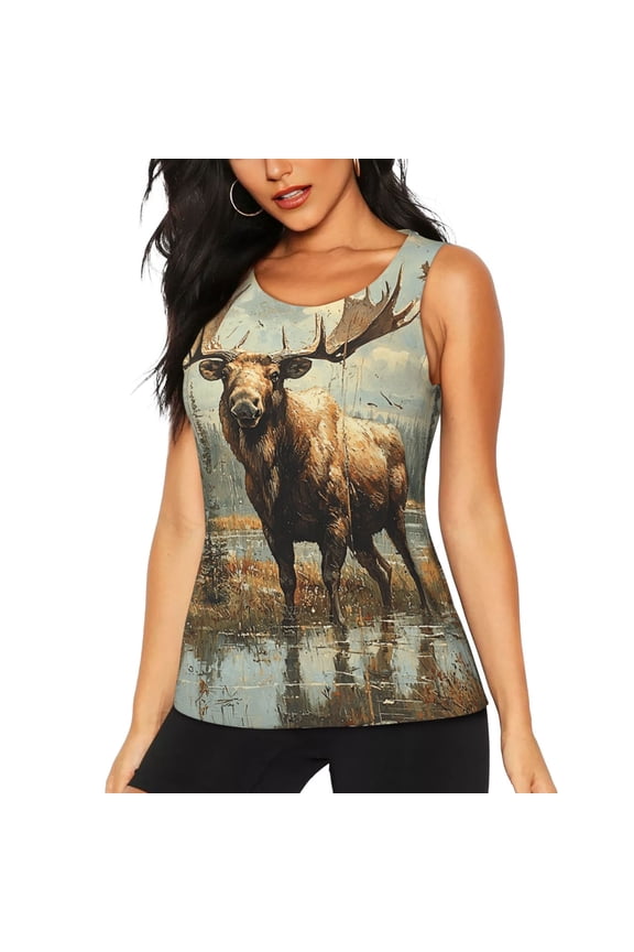 Women's Tank Top Gym Workout Undershirt U-Neck Sleeveless Shirt, Moose Vintage