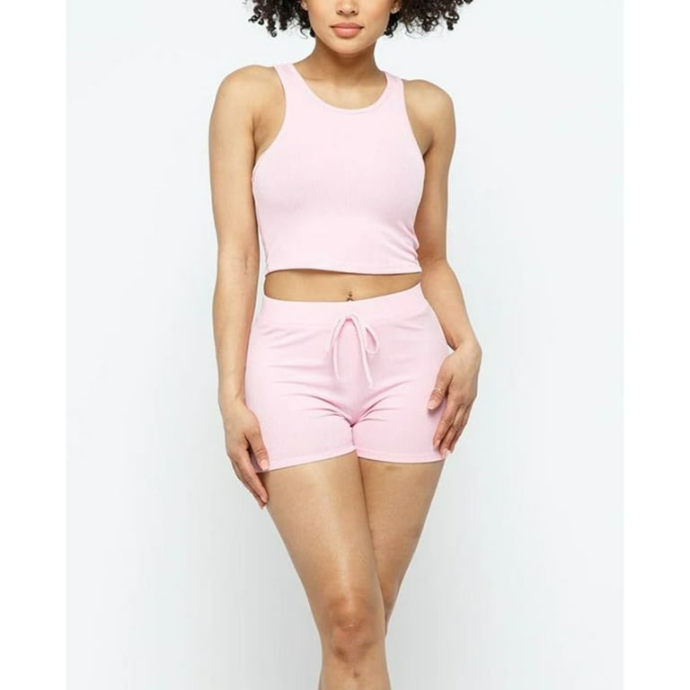 Women s Tank Top High Waisted Shorts Casual Loungewear Drawstring Shorts Set Pink M