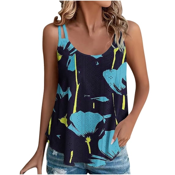 XUNKUSGA Women's Tank Top Multi-Strap Casual Color Block Printed Sleeveless Basic Cami Shirts Cut Out Round Neck Strap Summer Outfit 2025