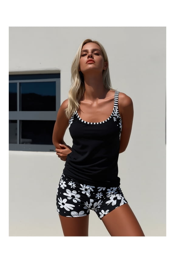 Women's Tank Top Printed Boxer Swimsuit - Boho Floral 2 Piece Bathing Suit Set U-Neck Sleeveless Summer Beach Swimwear for Teens