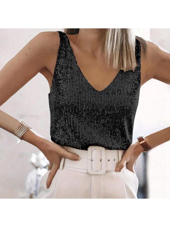 Women's Tank Top - Sequin Glittering Evening Wear Straps - Sleeveless Cami Top - Comfortable Everyday Home and Outdoor,Black,S