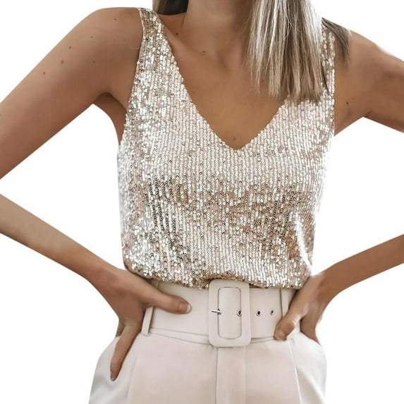 Women's Tank Top Sequin V Neck Sleeveless Solid Color Fashion Comfortable Vest For Party Night Club Party,Light Yellow,Xxxl