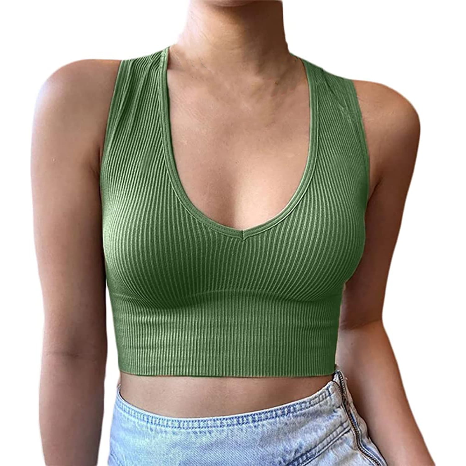 Women's Tank Top Sexy Deep V Neck Crop Tops Summer Tops(Green,3XL)