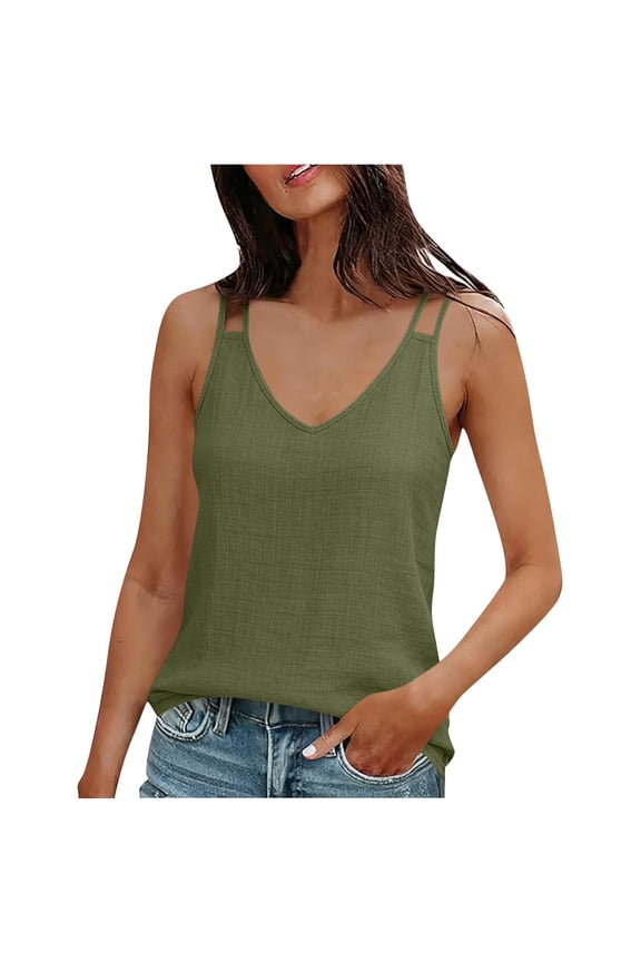 Women's Tank Top, Solid Color Linen Look V-Neck Strappy Backless Tank, Sleeveless T-Shirt Style Top for Women.