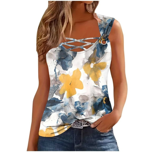 Women's Tank Top Summer Round Neck Camisoles Solid Color Wide Straps Sleeveless T-Shirts Blouses Casual Loose Vests Tops Womens Summer Tops