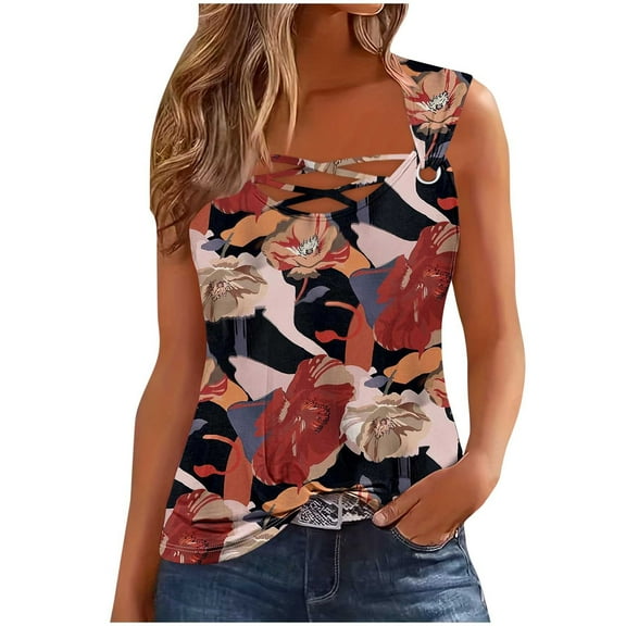 Women's Tank Top Summer Round Neck Camisoles Solid Color Wide Straps Sleeveless T-Shirts Blouses Casual Loose Vests Tops Womens Summer Tops
