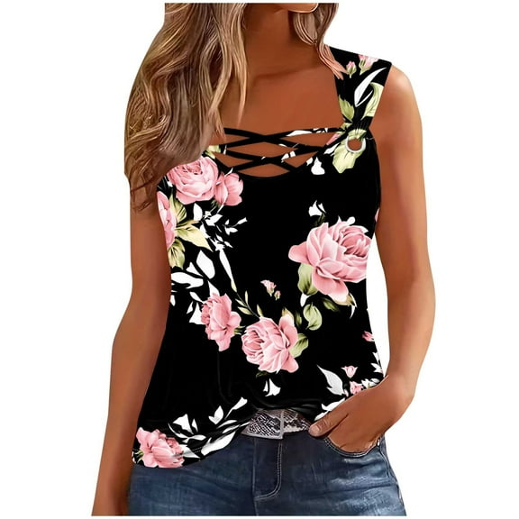 Women's Tank Top Summer Round Neck Camisoles Solid Color Wide Straps Sleeveless T-Shirts Blouses Casual Loose Vests Tops Womens Summer Tops
