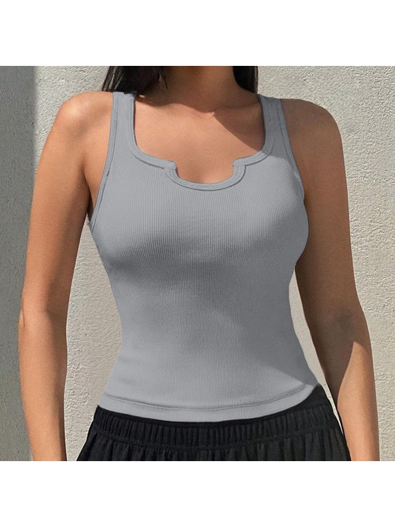 Women's Tank Top U-shaped Collar Sleeveless Cotton Tank Top Form Fitting Ribbed Knit Basic Shirts Fitness Sport Yoga Running Light Ashy