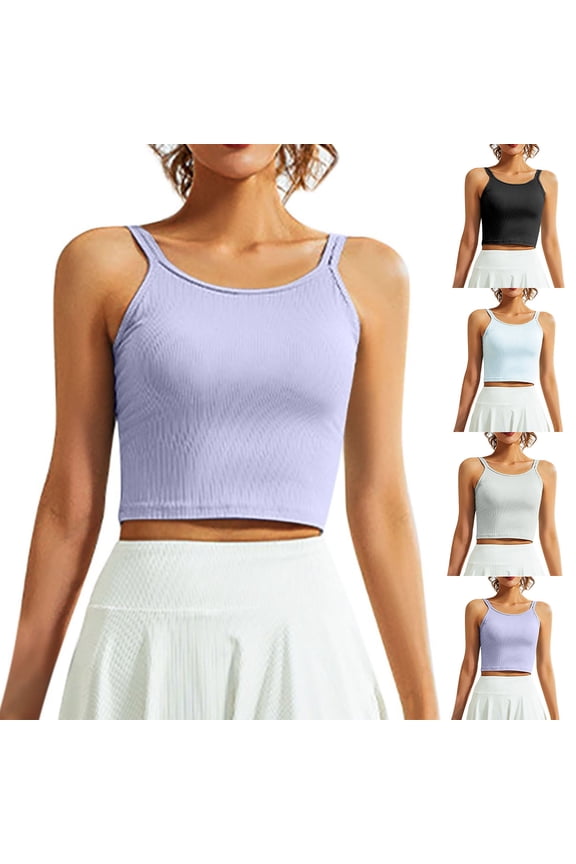 Women's Tank Top Women's Round Neck Double Shoulder Strap Soft High Elastic Breathable U-shaped Beautiful Back Fixed Chest Pad Sports Blue XXL