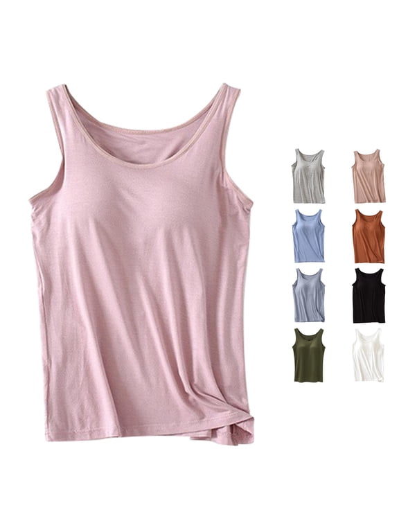 Women's Tank Top with Built In Bra, Casual Crew Neck Sleeveless Camisole Plus Size Padded Workout Top