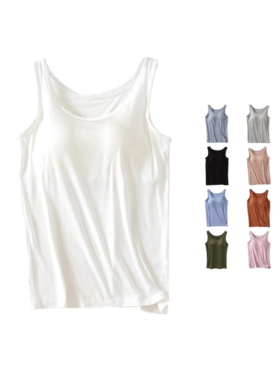 Women's Tank Top with Built In Bra, Casual Crew Neck Sleeveless Camisole Plus Size Padded Workout Top