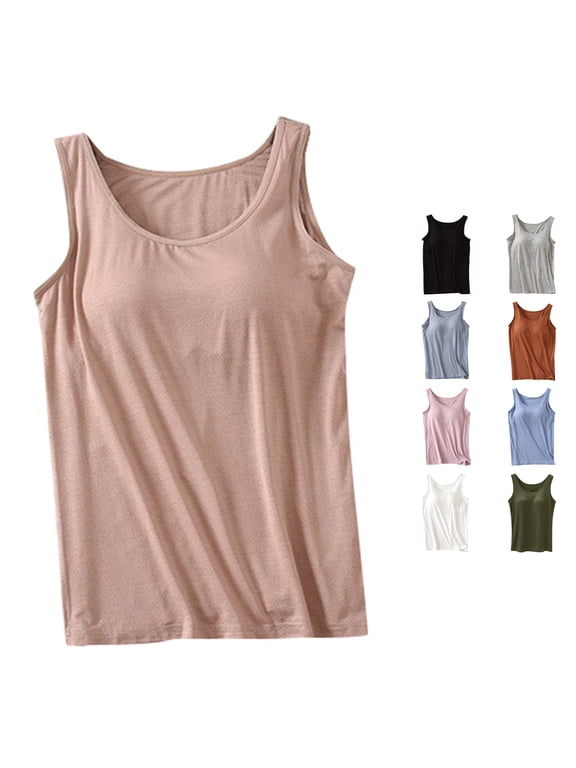 Women's Tank Top with Built In Bra, Casual Crew Neck Sleeveless Camisole Plus Size Padded Workout Top