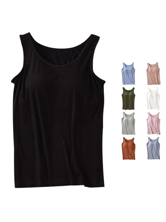 Women's Tank Top with Built In Bra, Casual Crew Neck Sleeveless Camisole Plus Size Padded Workout Top