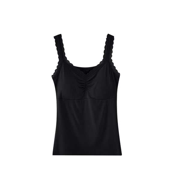 Women's Tank Top with Shelf Bra Padded Modal Cotton Lace Trim Sleeveless V Neck Soft Pamajas Camisole Built in Bra (Free Size, Black)