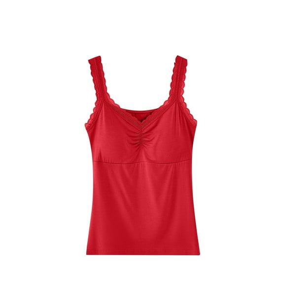 Women's Tank Top with Shelf Bra Padded Modal Cotton Lace Trim Sleeveless V Neck Soft Pamajas Camisole Built in Bra (Free Size, Red)
