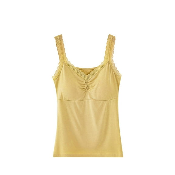 Women's Tank Top with Shelf Bra Padded Modal Cotton Lace Trim Sleeveless V Neck Soft Pamajas Camisole Built in Bra (Free Size, Yellow)