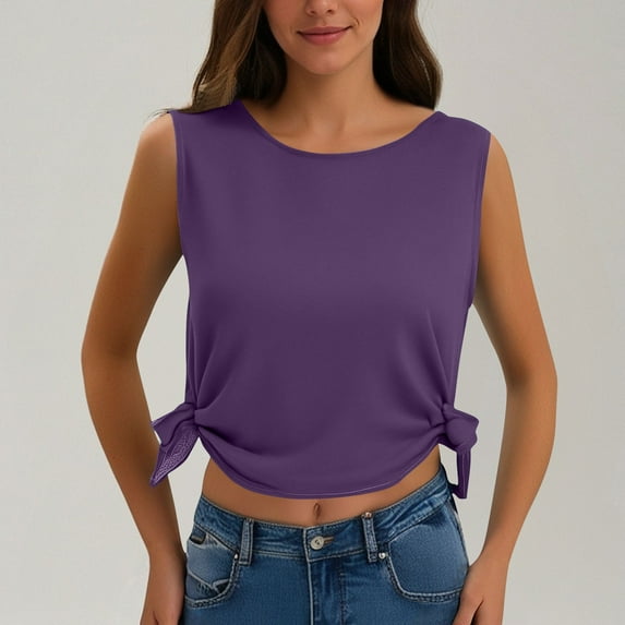 Women's Tank Tops $2.98 On Sale Lightweight New Side Wide Slit Solid Color Round Neck Sleeveless Casual Shirt