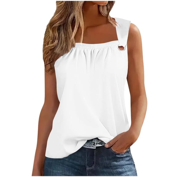 Women's Tank Tops 2025 Summer Loose Fit Casual Square Neck Pleated Trendy Sleeveless Shirts Going out Blouses (XL, White)