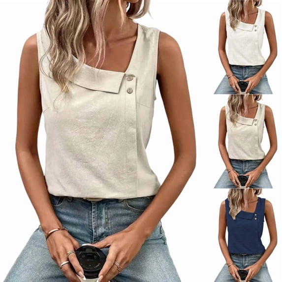 Women's Tank Tops 2026 Summer Sleeveless Square Neck Vest Top Cute Asymmetrical Button Going Out Tops Trendy Casual,Beige XXL