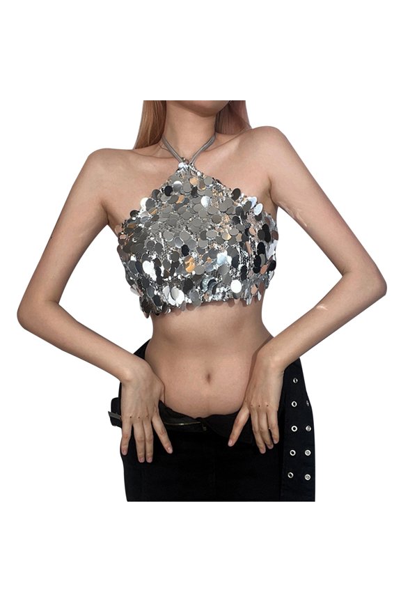 Women's Tank Tops Camisole Fashion Halter Backless Sequin Crop Undershirts,Silver,L