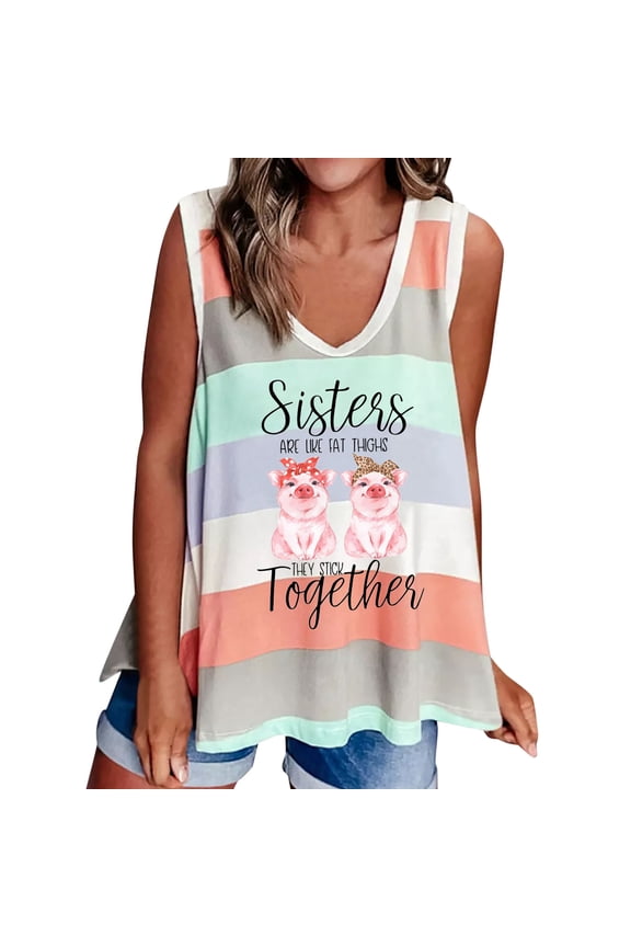 Women's Tank Tops Camisole Loose Striped Letter Print Sleeveless Vest Undershirt,Orange,S