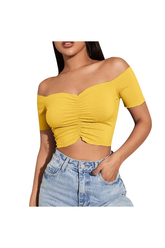 Women's Tank Tops Camisole Off Shoulder Fashion T Shirt Slim Solid Color Short T Shirt Undershirt,Yellow,M