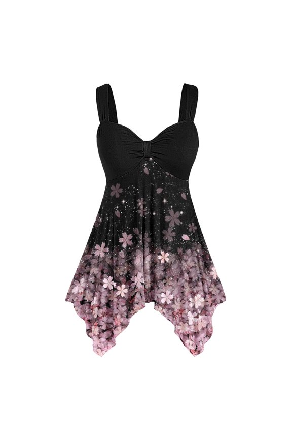 Women's Tank Tops Camisole Sling V Neck Floral Print Front Knot Sleeveless Irregular Hem Undershirts,Pink,S