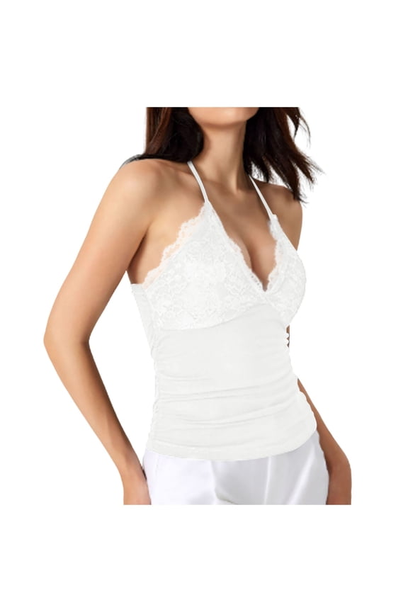 Women's Tank Tops Camisole Soild Contrast Lace Ruched Tie Back V Neck Vest Undershirts,White,M