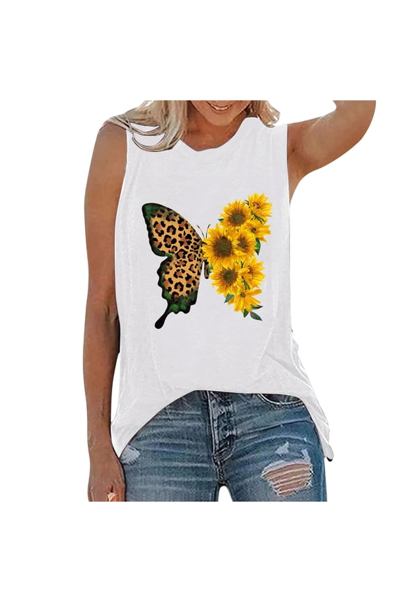 Women's Tank Tops Camisole Spring Sunflower Print O Neck Sleeveless T-Shirt Vest Undershirts,White,M