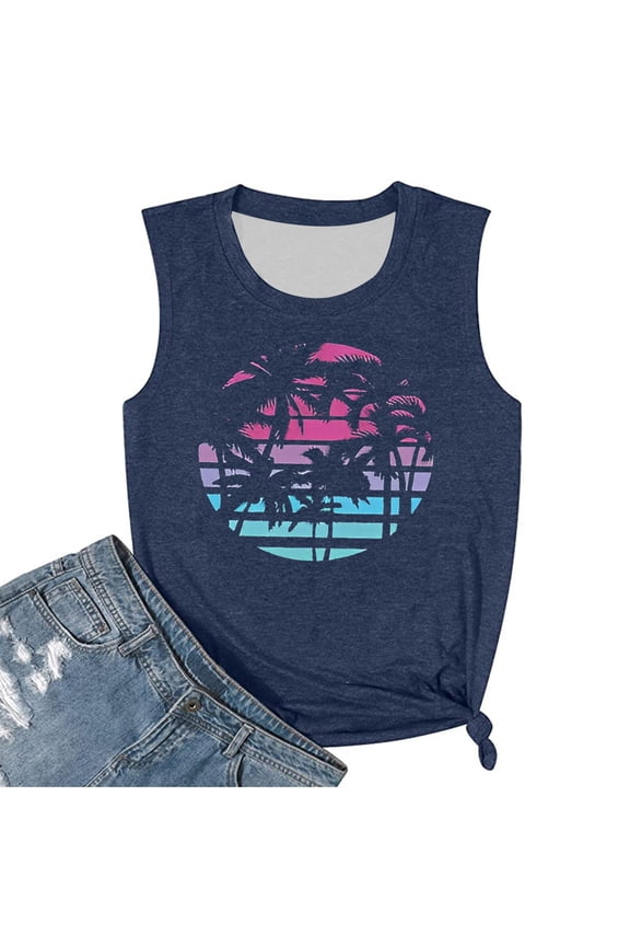 Women's Tank Tops Camisole Vest Crew Neck Sleeveless Loose Beach Wear Plus Size Undershirts,Navy,2XL