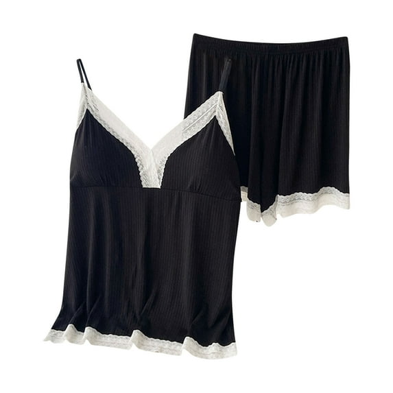 Women's Tank Tops Casual Loose Solid Color Lace Trim Pajama Sleeveless V Neck Vest Tops & Shorts Summer Nightwear Thin Modal Clothing Two Piece Sleepwear Set for Women