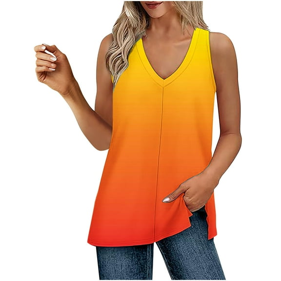 Summer Womens Gradient Print Sleeveless Shirts V Neck Tank Tops Loose Fitted Tunic Tees Casual Trendy Camisole Side Split Cami Going Out