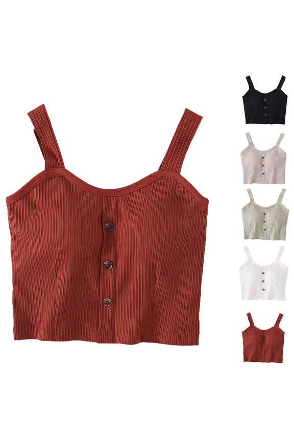 Women's Tank Tops Crew Neck Sleeveless Button Ribbed Cropped Top Casual Soft Stylish Blouse Built In Bra (XL, Wine)