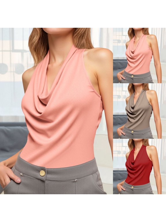 Women's Tank Tops Draped Halter Camisole Slim Inner Sleeveless Backless for Summer Cami Tops for Women Khaki M