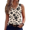thumbnail image 1 of Women's Tank Tops Elegant Floral Pattern V Neck Sleeveless Pleated Soft Casual Daily Wear Tops Beige 2XL, 1 of 4