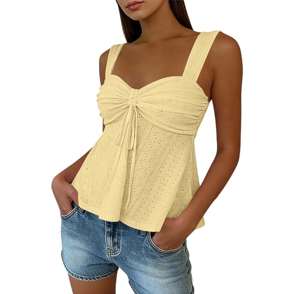 Women's Tank Tops Eyelet Tie Front Ruched Y2k Drawstring Sexy Going Out Top Tank Tops Summer Sleeveless Loose Fit Pleated Shirts Square Neck Tunics Eyelet Flowy Tees