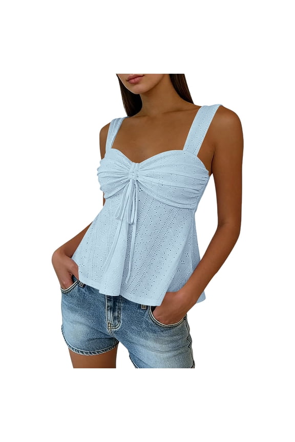 Women's Tank Tops Eyelet Tie Front Ruched Y2k Drawstring Sexy Going Out Top Tank Tops Summer Sleeveless Loose Fit Pleated Shirts Square Neck Tunics Eyelet Flowy Tees