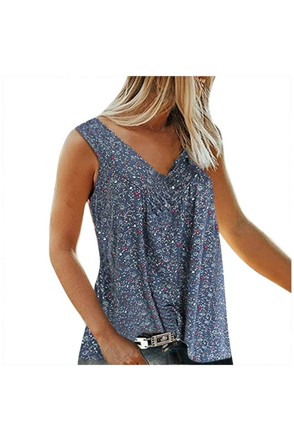 Women's Tank Tops Fashion Printed Sleeveless V Neck T-shirt Plus Size Blouse Summer Casual Tops Navy M