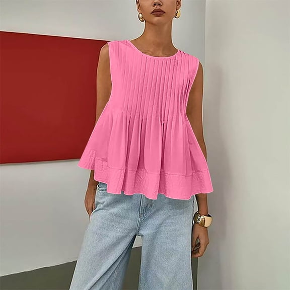 Women's Tank Tops Fashion Solid Color Crew Neck T Shirts Casual Loose Fit Sleeveless Standard Straps Pleated Tops