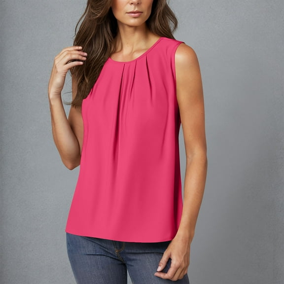 Women's Tank Tops Fashion Solid Color Crew Neck Tee Shirts Leisure Loose Fit Sleeveless Standard Straps Pleated Tops