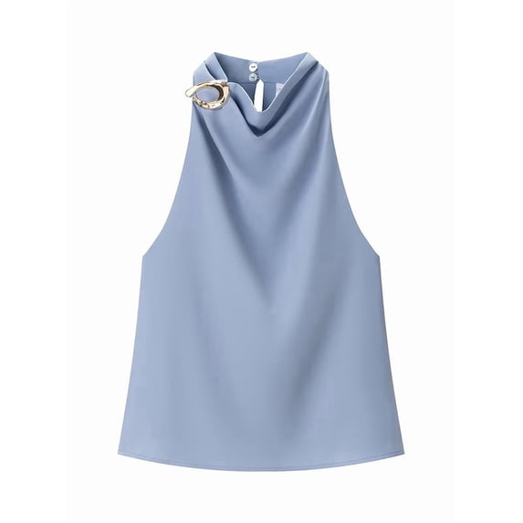 Women's Tank Tops Halter Draped Front Backless Womens Summer Tops Elegant Camisole Tops Blue M