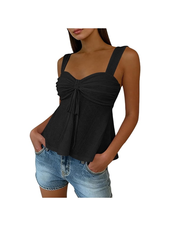 Women's Tank Tops Lace Up Front Ruffle Drawstring Tanks Summer Casual Solid Eyelet Lightweight Comfy Sleeveless Shirts Top
