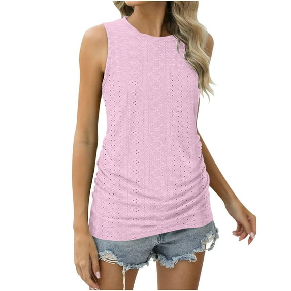 Women's Tank Tops Loose Fit Crew Neck Sleeveless Gym Tops for Summer Lightweight Comfy Solid Color Eyelet Vest Tops Trendy Casual Side Ruched Basic Tees Workout Yoga