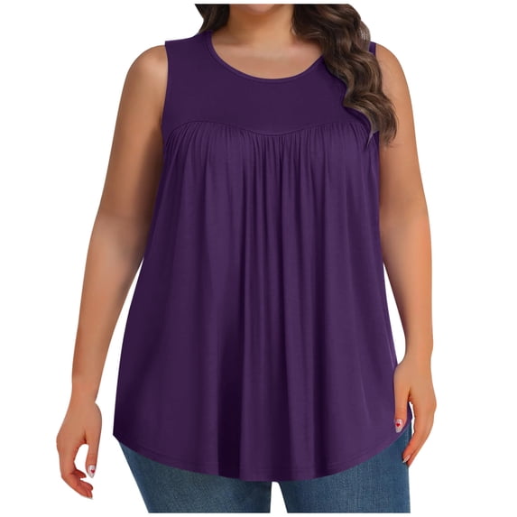 Women's Tank Tops Pleated Front Plus Size L-5X Sleeveless Flowy Blouses Crew Neck Casual Summer Outfits (3XL, Purple)